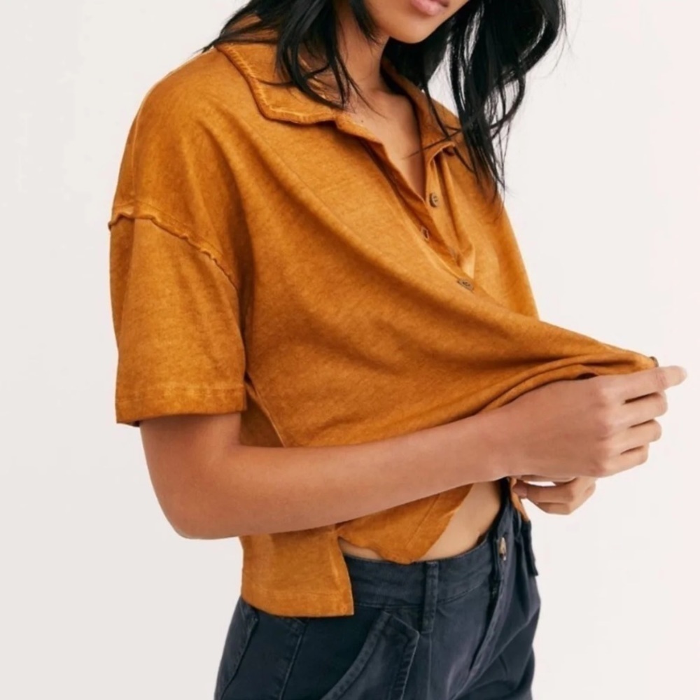 Free People Short Sleeves Button Up Cropped Top